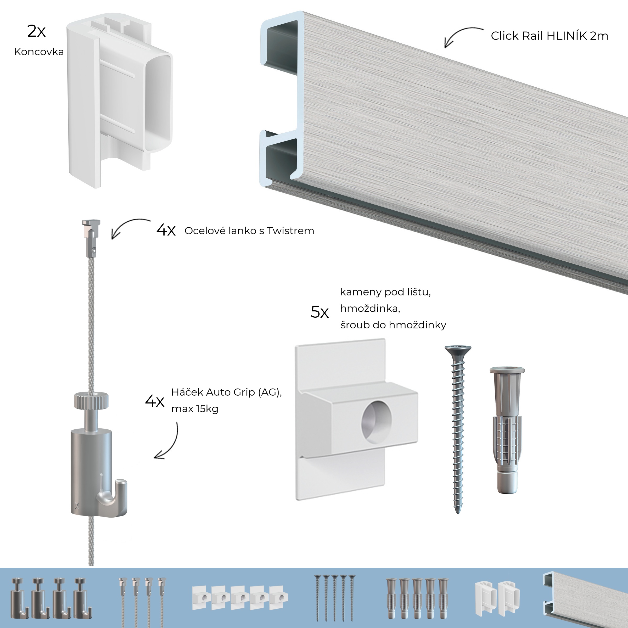 Závěsný systém na obrazy - SET Click Rail HLINÍK 2m (4x ocel, 4x AG)